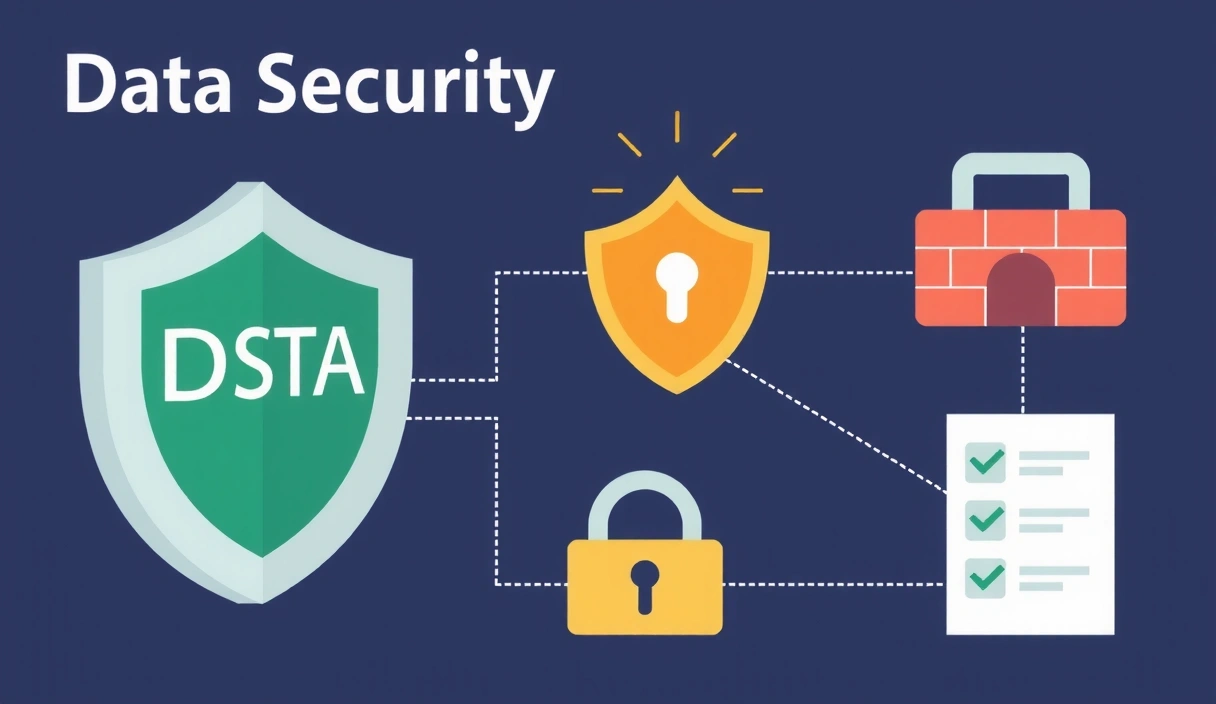 Diagramă de securitate a datelor, cu scuturi, lacăte și firewall-uri stilizate, reprezentând protecția informațiilor digitale.