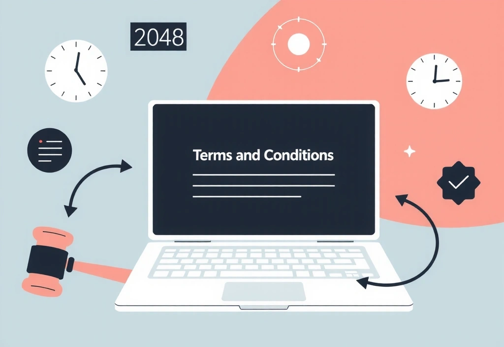 Ilustrație abstractă a unui acord digital, cu termeni și condiții scrise pe un ecran de laptop înconjurat de elemente grafice stilizate.