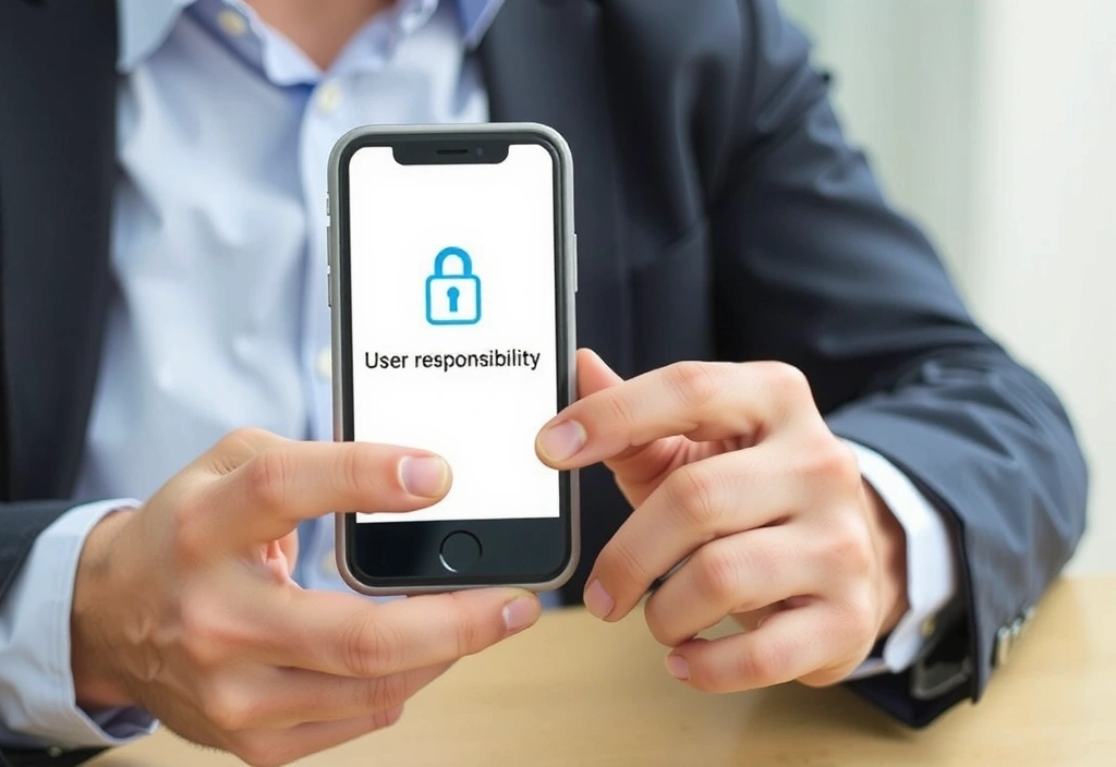 O persoană folosește un smartphone, cu o interfață de utilizator curată și o pictogramă de securitate pe ecran, simbolizând responsabilitatea utilizatorului și tehnologia mobilă.
